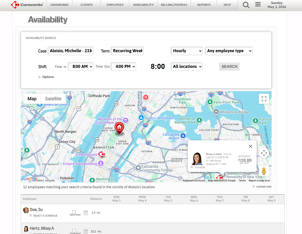 Carecenta availability search map with caregiver matching results