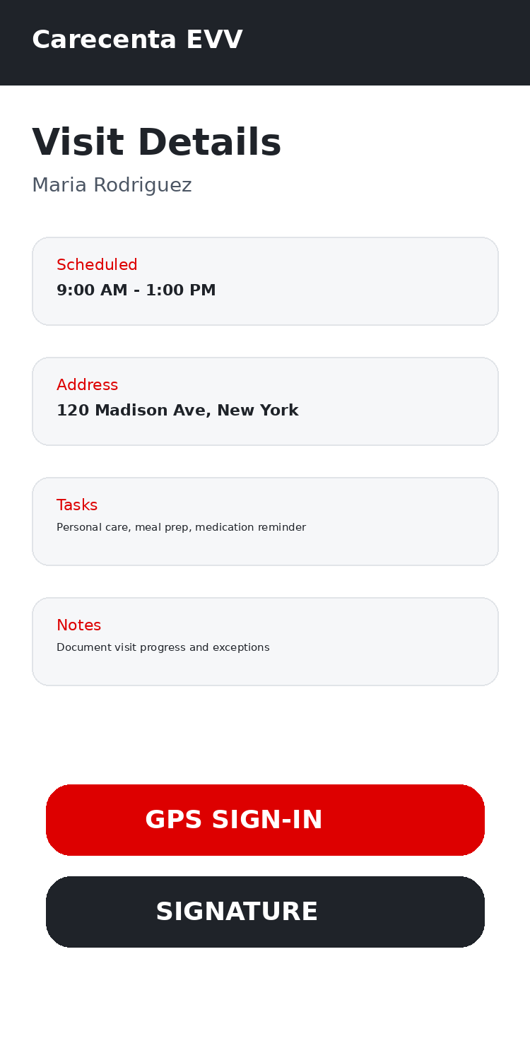 Carecenta mobile app visit detail, GPS EVV, tasks and signatures