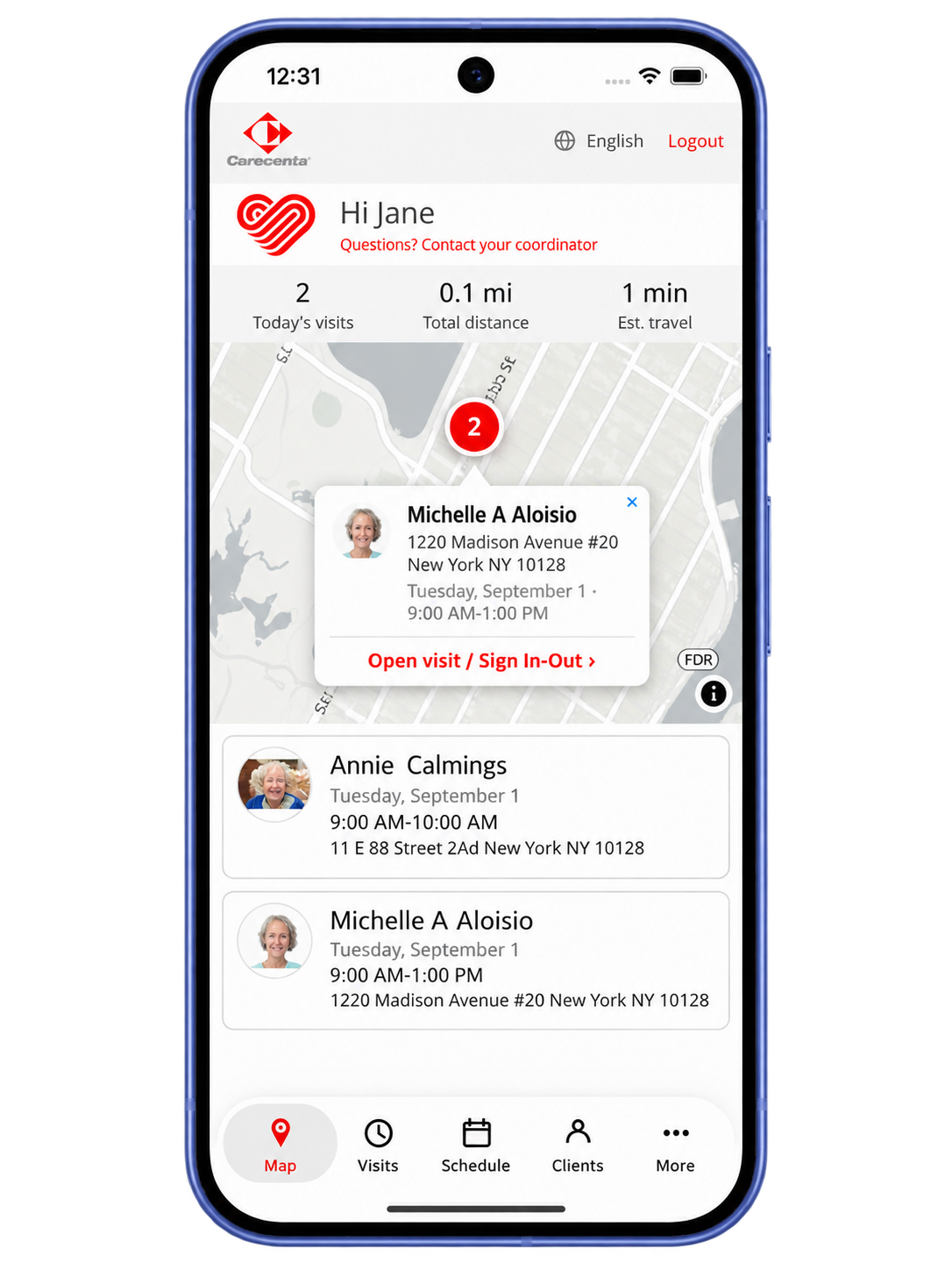 Carecenta mobile app map view with GPS EVV visits