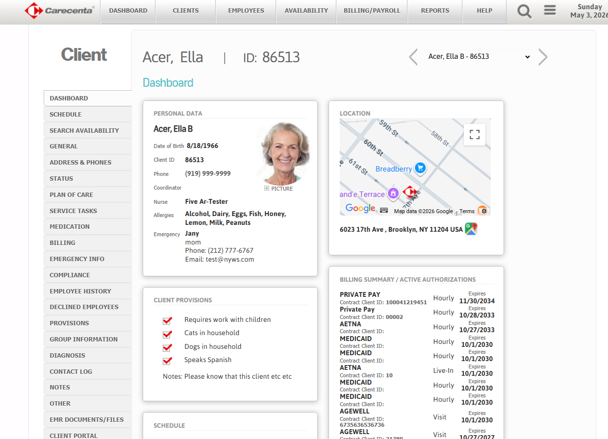 Client billing and authorization screenshot