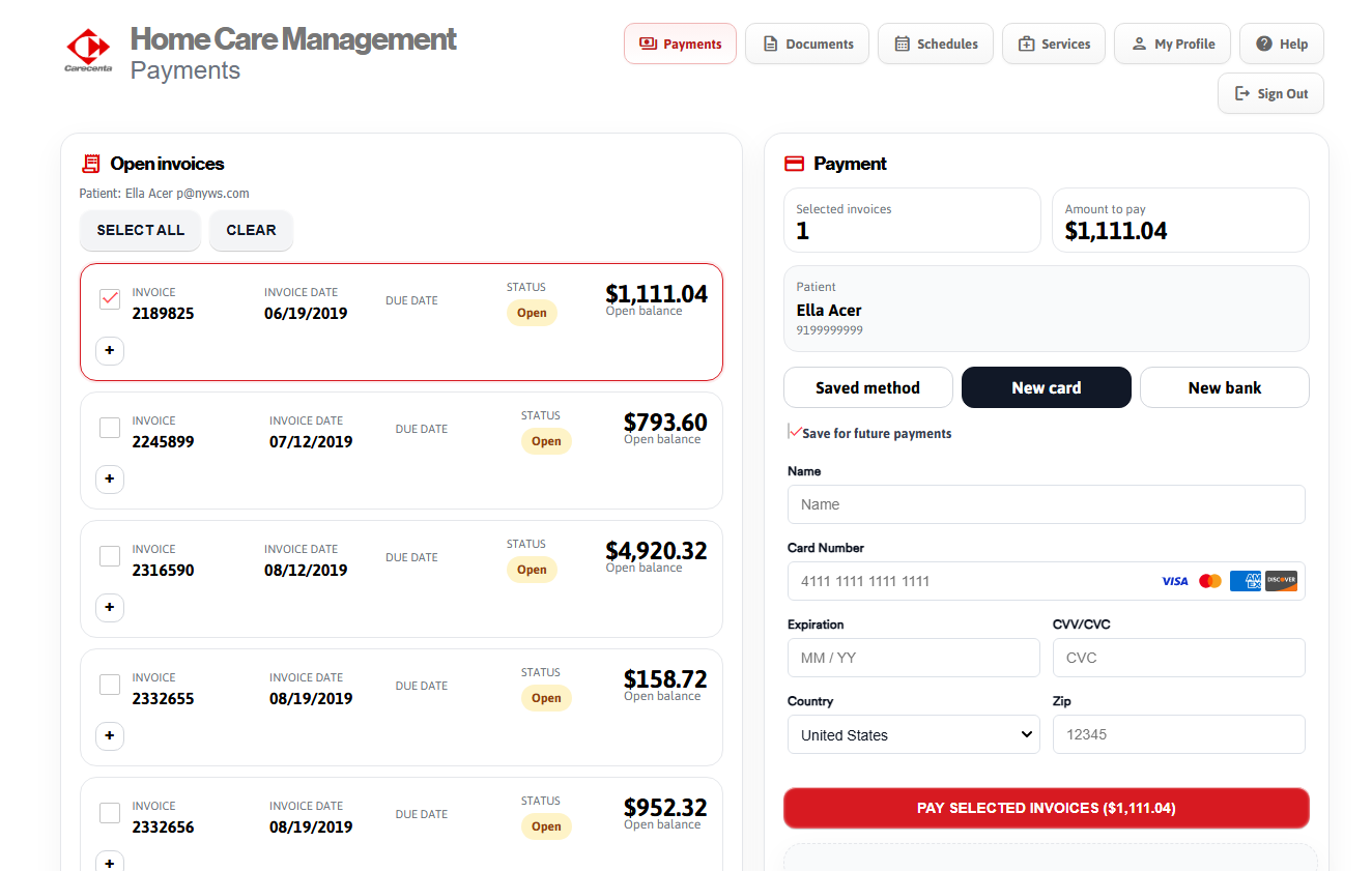 Carecenta patient payment workflow screenshot